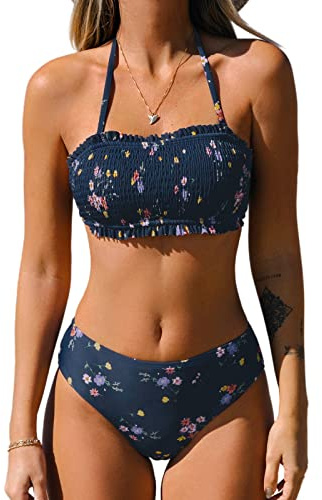 CUPSHE Damen Bikini Set Neckholder Rüschen Gesmokter Abnehmbare Träger
