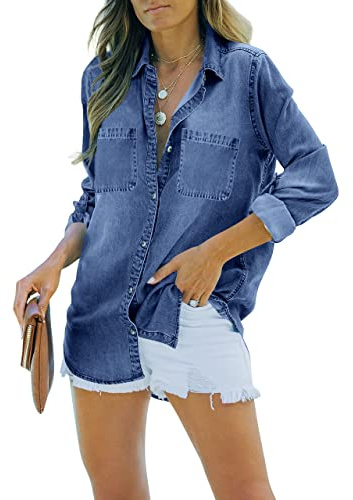 Feziakuk Damen Jeanshemd Button Down Jeansbluse Langarm Weich Denim Hemd Casual Jeansjacke Frühling Herbst Oberteile mit Brusttaschen