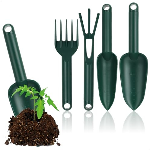 com-four® 4-teiliges Gartenwerkzeug-Set aus stabilem Kunststoff | Breiter Kelle - schmaler Kelle - Handharke und Grubber für Pflanzen und Garten-Arbeit