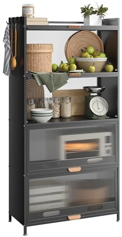 NETEL Rostfreies 5-stufiges Küchenregale Stehend, Küchenschrank mit Rollen und Füße, Mikrowellenschrank, Bäckerregal, Standregal, Lagerregal für Küche Wohnzimmer mit Sichtbare Türen, Vintage, Schwarz