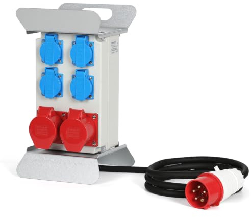 Tysobes Stromverteiler, Wandverteiler, 2x CEE 16A/400V+4x 230V Schuko IP44 5 polig, Baustromverteiler mit kabelsicherem Klappdeckel, für den Innen und Außenbereich, Baustellen