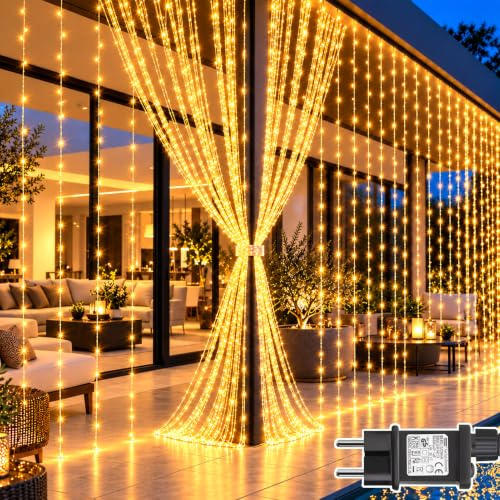 Dekofun Lichtervorhang 6m x 3m, 600 LED Lichterketten Vorhang Innen Außen | mit Stecker, Warmweiß, 8 Modi, 6h/18h Timer, IP65 Wasserdicht, 4 Sets verbindbar, für Weihnachten, Fenster, Balkon, Terrasse