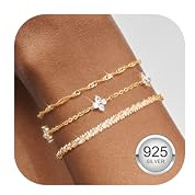 Finrezio 3 Stück Armband Damen Gold 14 Karat Vergoldet Stapelarmbänder Sterling Silber 925 Armbänder Cubic Zirkonia Armbänder Verstellbare Armband Set Gold Schmuck für Damen