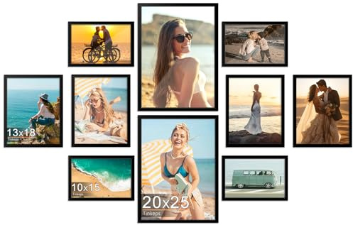 Tinkeps Bilderrahmen 10er-Pack in Schwarz – Für 10 Fotos in 3 Größen, Enthält 4 Rahmen für 10x15 cm, 4 für 13x18 cm und 2 für 20x25 cm Fotos – Perfekt als Tischaufsteller und Wanddekoration geeignet