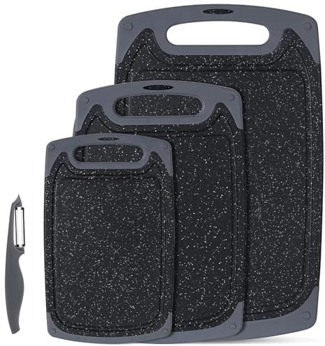 Schneidebrett-Set, Küchen-Schneidebretter mit rutschfesten Füßen und tiefer Saftrille, BPA-freie Kunststoff-Schneidebretter, spülmaschinenfest, Schwarz