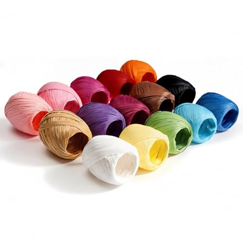 Raffiabast-Papierband, Set für Bastelarbeiten, Geschenkverpackungen, 15 Rollen, 15 Farben