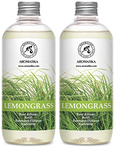 Raumduft Nachfüller Lemongrass - Zitronengras 1000ml - 2x500ml - Nachfüllflasche mit Naturreinem Ätherischen Lemongras Öl - Intensiv & Langanhaltend Natürlicher für Raum - Küche