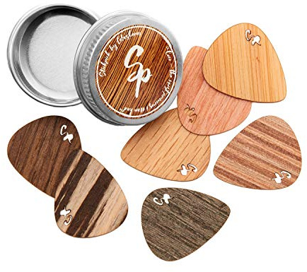 Stickpick® | Set mit 7 flexiblen Gitarrenplektren aus edlem Echtholz | für E-, Akustik, und Bass-Gitarren in verschiedenen Stärken | in hochwertiger Aluminiumdose | Made in Germany