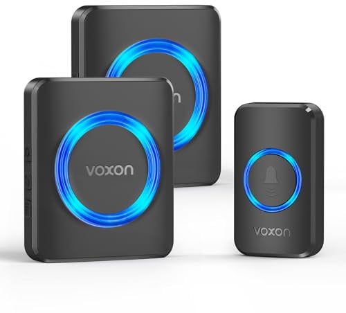 VOXON Funkklingel, 400m Reichweite Türklingel Funk mit 2 Empfängern Schwarz | IP65 Aussen Wasserdicht Klingel Haustür , Plug-in Doorbell mit LED-Blitz, 5 Lautstärkestufen, 60 Melodien