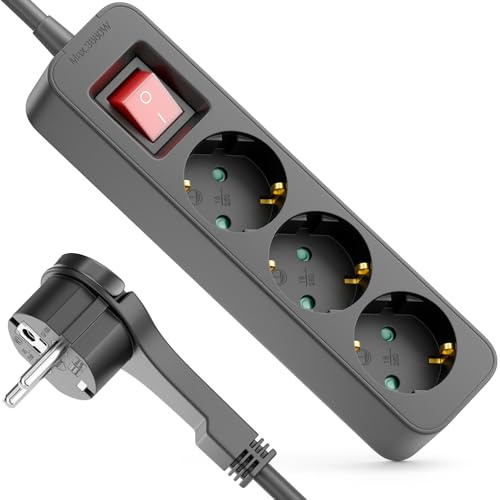 deleyCON 3-Fach Steckdosenleiste Flachstecker Schalter 1,4m - Schwarz | Mit ON/OFF Schalter, ideal hinter Möbeln, Mehrfachsteckdose Stromkabel Verteiler Verlängerung Stromleiste, 3680W 16A