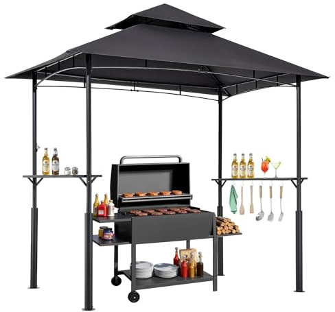 VEVOR Grillpavillon, 2430x1500x500 mm, Grillüberdachung für Außengrill, 2-stufige BBQ-Gazebo-Überdachung, Doppeldach Gartenpavillon mit verstärkten Stützbeinen, für Terrasse, Hinterhof & Garten