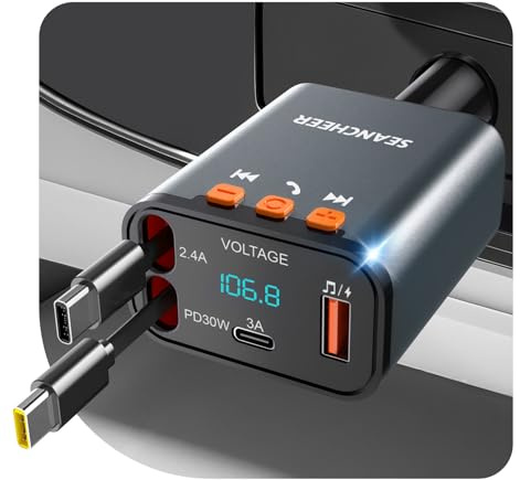 SEANCHEER Bluetooth Adapter Auto & Zigarettenanzünder USB C, 69W KFZ Ladegerät mit 2 Einziehbare Kabel, FM Transmitter Auto Bluetooth 5.3, 24V/12V USB AdapterAuto, Autozubehör für Samsung/iPhone