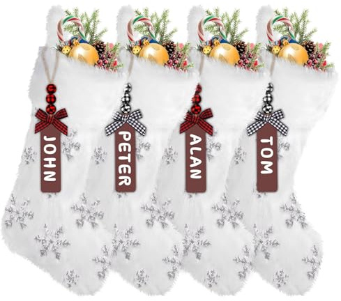 DTYDECLE 4 Stück Weiß Weihnachtsstrumpfe，Klassisch Weiß Kamin Nikolausstrumpf Weihnachtssocken mit namensschilder Aufhängen Weiß Christmas Stocking für Kamin Schaufenster Deko