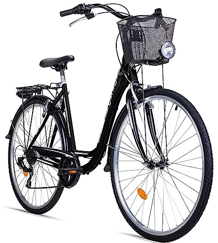 Bergsteiger Florenz 28 Zoll Damenfahrrad mit Korb, Beleuchtung & Schaltung, ab 160 cm, Damen Fahrrad mit 7 Gangschaltung, Retro Damenrad
