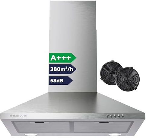 Soonye A+++ Dunstabzugshaube 60cm Umluft 380 m³/h, Pyramide Wandmontage Wandhaube mit Aktivkohlefilter, 3 Leistungsstufen,2 LED-Beleuchtung,Abluft Abzugshaube,Edelstahl Silber
