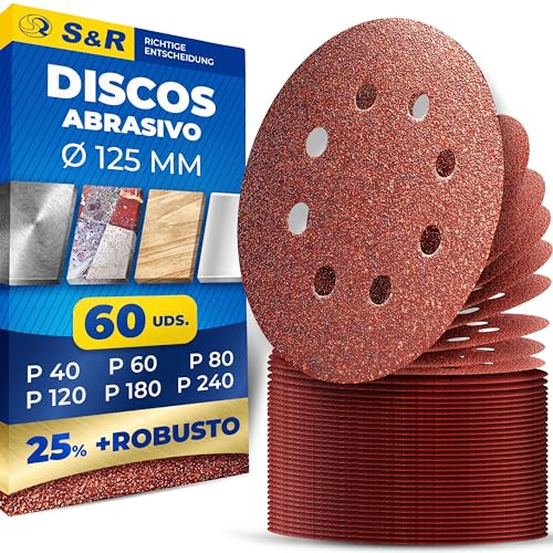S&R Klett Schleifpapier Set 125 mm, Meister, 8 Löcher, 60 St Schleifblätter, Schleifscheiben für Exzenterschleifer 125mm, je 10 x Körnungen P40, P60, P80, P120, P180, P240, zuverlässige Haftung