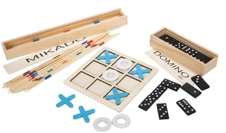 GICO Domino Spiel Mikado Spiel und Tic Tac Toe Reisespiel Set mit DREI klassichen Spielen aus Holz für Kinder und Erwachsene - 7966