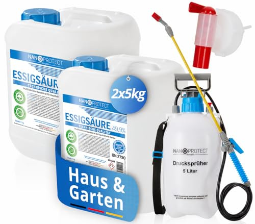 Nanoprotect 10 kg Essigsäure 49,9% inkl. Drucksprüher + Hahn - Entkalker | Klimaneutral aus regionalen Hölzern, Reiniger für Haus und Garten, hochkonzentrierte Profi-Qualität | Kein Gefahrgutversand