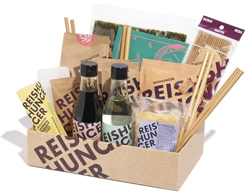 Reishunger Sushi Premium Box – 13 Teiliges Komplett-Set zum Selbermachen | Inklusive Sushi Maker, Nori Algenblätter, Sushireis, Kochbuch uvm. – Kurzes Mindesthaltbarkeitsdatum (MHD: 22.11.2026)