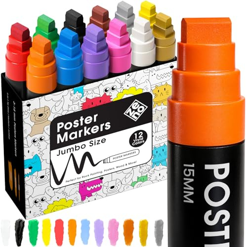 ZENO Jumbo Acrylmarker – 12 Farben, 3-in-1 Chisel-Spitze (15 mm), Wasserfeste Marker für Kinder & Künstler, Dicke Acrylstifte für Poster, Holz, Stoff, Glas, Stein & DIY