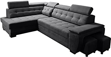 Robin Inspire Grand Ecksofa mit Schlaffunktion Schwarz Links | L-Form Sofa mit Bettkasten, Relaxfunktion, 2 Hockern und Kopfstützen. Moderne Wohnlandschaft.