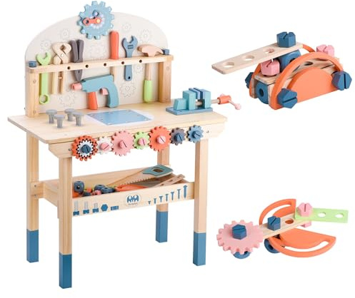 medoga Werkzeugbank für Kinder, Spielzeug-Werkbank, Holz-Werkzeugbank, Werkbank mit Werkzeugen Set, Holzkonstruktionsbank, Spielzeug für 3, 4, 5, Jahre alte Jungen und Mädchen