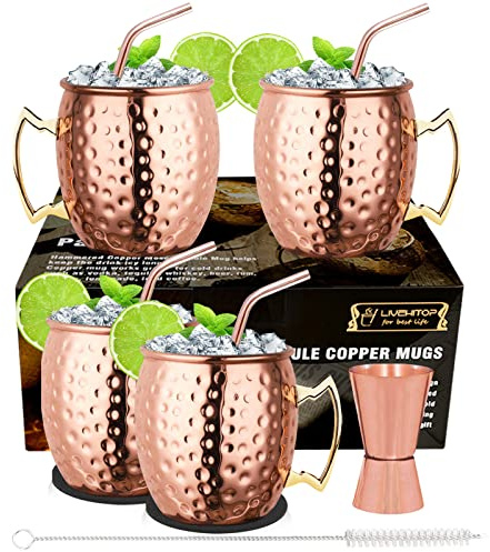 LIVEHITOP 19,5 Oz Moscow Mule Tasse‌ 4er Set, Gehämmerte Kupferbecher mit Jigger für Kaltgetränke, Zuhause, Bar, Party, Geschenk