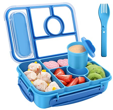 Amathley Brotdose Kinder mit Fächern,Bento Box Kinder,Brotdose Erwachsene,1300ML Lunchbox mit 5 Fächern und Saucenbehältern,Mikrowellen-und Spülmaschinenfest,BPA-Frei (Blau)