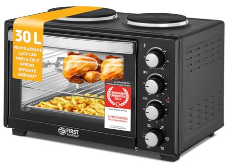 TZS First Austria - Minibackofen mit Kochplatten 30L 3200 W - Mini Backofen Pizzaofen mit Herdplatten bis 230°C & 6 Heizmodi - Miniofen Kombigerät mit 4 Einschubhöhen & hochwertigem Zubehör