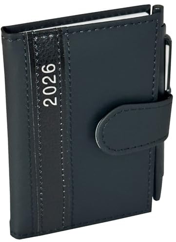 Taschenkalender 2026 A7 mit Kugelschreiber und Halterung in feiner Lederoptik, Terminplaner 2026 mit Stift Timer inkl. Jahreskalender und Wochenübersicht (Schwarz)