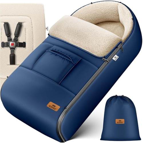 Kidiz® Babyfußsack Winterfußsack Kinderwagen, Universal Fußsack Buggy/Babyschale mit Lammfleece, 3- & 5-Punkt-Gurt, wasserdicht, winddicht, Reißverschluss, Baby Kuschelsack Winter, waschbar, Blau