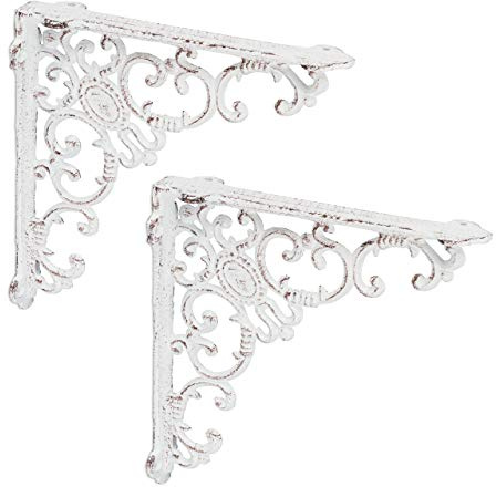 Relaxdays Regalwinkel antik, 2er Set, Regalträger Gusseisen, weiß | Barocke Ornamente, Winkel für Regalboden, Vintage