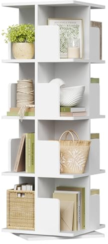 EUGAD drehbares Bücherregal, Raumteiler Standregal, 360° frei drehbar, 4 Ebenen 16 Fächer, Platzsparend für Wohnzimmer Schlafzimmer Büro, MDF E1, Weiß 39,5x128x39,5cm
