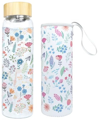 KYOEOE Trinkflasche Glas 1l/1000ml Glasflasche,5,5 cm Weithals Wasserflasche Glas mit Schutzhülle & Edelstahl Sieb,BPA-frei,Auslaufsichere Trinkflasche Kohlensäure Geeignet Glass Bottle(Violett)