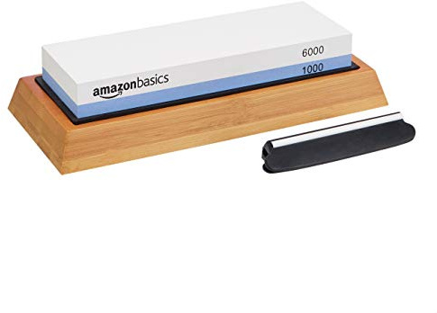 Amazon Basics Messerschärfstein, doppelseitig, Körnung 1000/6000, mit rutschfester Bambusunterseite, Schwarz, Blau und Weiß, 21,34 x 9,14 x 4,57 cm