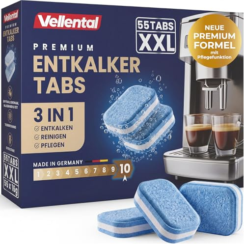 3-in-1 Entkalker für Kaffeevollautomaten & Kaffeemaschinen (55 Stück) - Entkalkungstabletten für Siemens EQ-Serie, Delonghi, Jura, Krups, Bosch, Miele, Melitta, Tassimo, WMF