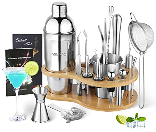 YISSVIC Cocktail Set 22 Stück Cocktail Barzubehör Mix Set Edelstahl Cocktailshaker 750ml mit Holzständer und Rezeptbuch