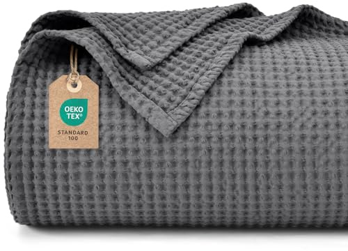 PHF 100% Baumwolle waffledecke Kuschedecke 130x150cm, leicht & atmungsaktiv, perfekt für das ganze Jahr - Oeko-TEX® Zertifiziert - Hotelwäschequalität - Ideal für Sofa Couch Bett, Anthrazit