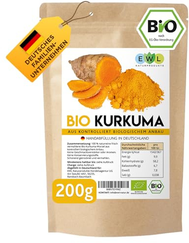 EWL Naturprodukte BIO Kurkuma Pulver 200 g, Kurkuma Bio Pulver fein gemahlen, Curcuma Pulver aus kontrolliert biologischem Anbau