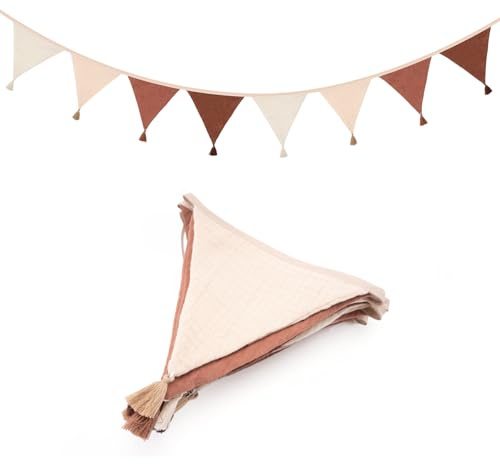 jijAcraft Wimpelkette Kinderzimmer mit Quasten Beige Braun: 2,8m Stoff Wimpelkette Musselin Doppelseitig Girlande Kinderzimmer Stoffgirlande Mädchen Junge für Hausbett, Babybett,Kinderbett