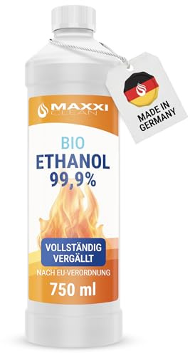 Maxxi Clean | 750 ml Bioethanol für Tischkamine | Made in Germany | geruchsneutral und rußfrei bei Indoor,- und Outdoor Ethanol-Kaminen | geeignet für Raum,- und Gartenfeuer mit Alkohol-Kamin