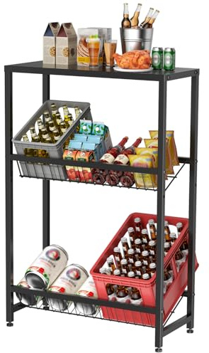 Rainsworth Getränkekistenregal mit Ablage, mit Gitterhalterung aus Metall, 33T x 75B x 113H cm Regale für Getränkekisten für 4 Kisten, Getränkeregal mit Verstellbaren Füßen, Schwarz