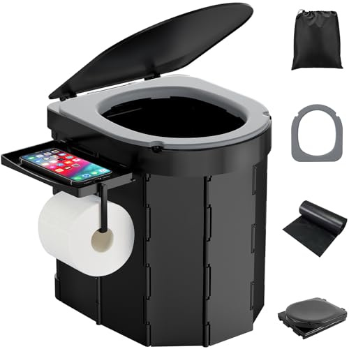 WADEO Tragbare Campingtoilette mit EVA-Komfortsitz, Faltbare Toilette Klapptoilette belastbar bis zu 200kg, mit 20 Müllbeutel, Papier- und Handyhalter, Hygienischer Eimer für Camping Wandern Angeln