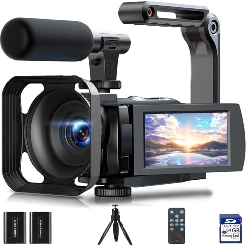 Videokamera 5K, 56MP Camcorder Vlogging Kamera für YouTube, WiFi Nachtsicht 3 270° drehbarer Touchscreen Webcam Camcorder, Video Camera mit 64GB Karte, Fernbedienung, Mikrofon, 2 Batterien, Stativ