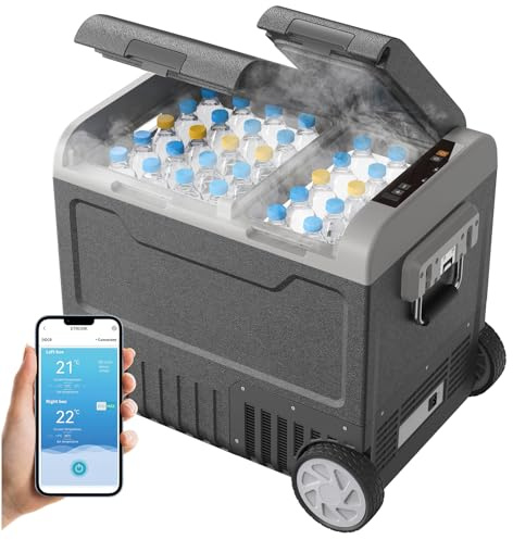 UKKISO Kompressor Kühlbox 55 L, 2-in-1-Autokühlschrank mit zwei Zonen, tragbarer Kühler, 12/24 V DC und 100–240 V AC mit App-Steuerung für Autos, LKWs, Boote, Wohnmobile mit USB-Anschluss (schwarz)