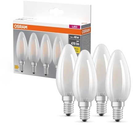 Osram LED BASE B40, Vorteilspack mit 4 Leuchtmittel, ersetzt herkömmliche 40W Glühbirnen, 4W, warmweiß (2700K), mattes Glas, nicht dimmbar, Kerzenform, E14, White