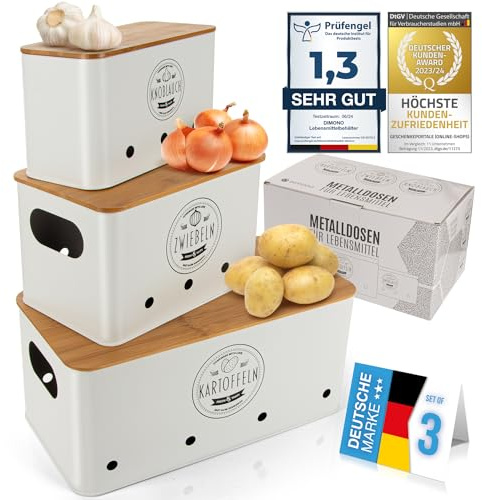 Dimono® Gemüse Aufbewahrungsboxen 3er Set; Vorratsdose Frischhaltedose Lebensmittel-Box; hält Gemüse länger frisch, ideal für Zwiebeln, Kartoffeln & Knoblauch