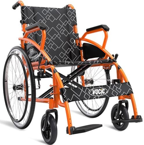 VOCIC Rollstuhl Faltbar Leicht Transportrollstühl bis 150KG,Doppelbremsen Design RollstüHle mit Selbstantrieb für Senioren(17.5kg),Reise-Rollstuh mit 60cm Groß Hinterrad,Orange