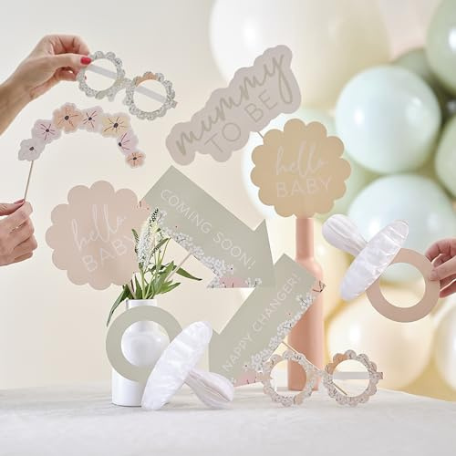 Ginger Ray Foto-Requisiten für Babypartys mit verschiedenen Blumen-Designs auf Holzdübeln, 10 Stück, Pastellfarben