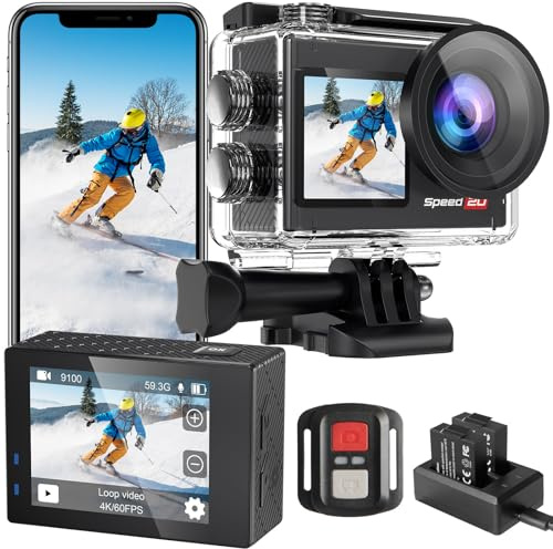 Speed 20 Action Cam 4K60FPS 40MP WiFi Unterwasserkamera 40M Wasserdicht Ultra HD Touchscreen Actioncam 170° Ultra-Weitwinkel, EIS Stabilisierung, 5X Zoom, 2.4G Fernbedienung und 2 Akkus 1350mAh